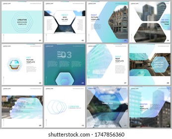 Minimal brochure templates with hexagonal design blue color pattern background. Covers design templates for square flyer, leaflet, brochure, report, presentation, advertising, magazine.