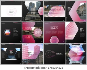 Minimal brochure templates with hexagonal design red color pattern background. Covers design templates for square flyer, leaflet, brochure, report, presentation, advertising, magazine.