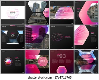 Minimal brochure templates with hexagonal design pink color pattern background. Covers design templates for square flyer, leaflet, brochure, report, presentation, advertising, magazine.
