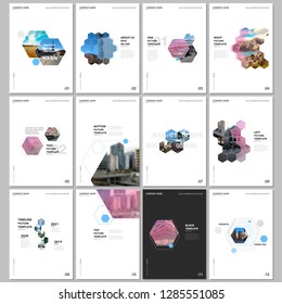 Minimal brochure templates with hexagons and hexagonal elements on white background. Covers design templates for flyer, leaflet, brochure, report, presentation, advertising, magazine.