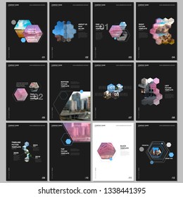 Minimal brochure templates with hexagons and hexagonal elements on black background. Covers design templates for flyer, leaflet, brochure, report, presentation, advertising, magazine.