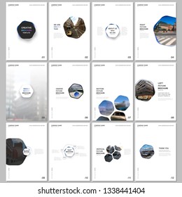 Minimal brochure templates with hexagons and hexagonal elements on white background. Covers design templates for flyer, leaflet, brochure, report, presentation, advertising, magazine.