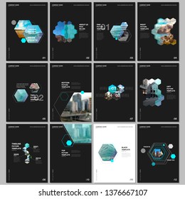 Minimal brochure templates with hexagons and hexagonal elements on black background. Covers design templates for flyer, leaflet, brochure, report, presentation, advertising, magazine.