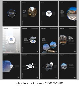 Minimal brochure templates with hexagons and hexagonal elements on black background. Covers design templates for flyer, leaflet, brochure, report, presentation, advertising, magazine.