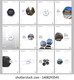 Minimal brochure templates with hexagons and hexagonal elements on white background. Covers design templates for flyer, leaflet, brochure, report, presentation, advertising, magazine.