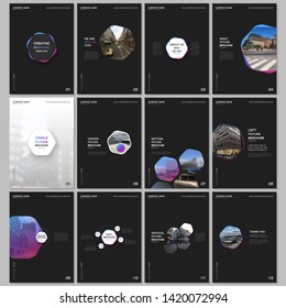 Minimal brochure templates with hexagons and hexagonal elements on black background. Covers design templates for flyer, leaflet, brochure, report, presentation, advertising, magazine.