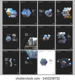 Minimal brochure templates with hexagons and hexagonal elements on black background. Covers design templates for flyer, leaflet, brochure, report, presentation, advertising, magazine.