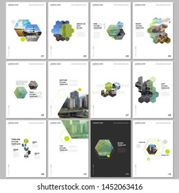 Minimal brochure templates with hexagons and hexagonal elements on white background. Covers design templates for flyer, leaflet, brochure, report, presentation, advertising, magazine.