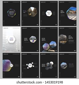 Minimal brochure templates with hexagons and hexagonal elements on black background. Covers design templates for flyer, leaflet, brochure, report, presentation, advertising, magazine.