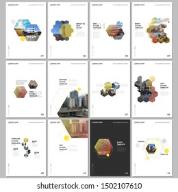 Minimal brochure templates with hexagons and hexagonal elements on white background. Covers design templates for flyer, leaflet, brochure, report, presentation, advertising, magazine.