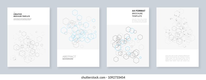 Minimal brochure templates with hexagons and lines on white. Hexagon infographic. Digital technology, science or medical concept. Templates for flyer, leaflet, brochure, report, presentation