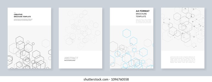 Minimal brochure templates with hexagons and lines on white. Hexagon infographic. Digital technology, science or medical concept.Templates for flyer, leaflet, brochure, report, presentation.