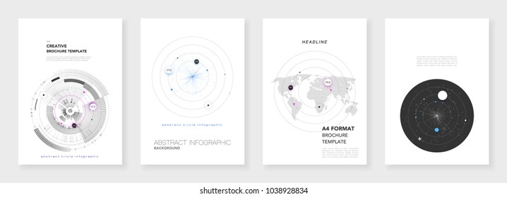 Minimal brochure templates. Infographic elements on white background. Technology sci-fi concept, abstract vector design. Templates for flyer, leaflet, brochure, report, presentation, advertising