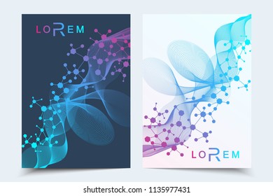 Minimal brochure templates, magazine, leaflet, flyer, cover, booklet, annual report, banner. Scientific concept for medical, technology chemistry Hexagonal molecule structure Dna atom neurons