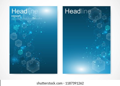 Minimal brochure templates, magazine, leaflet, flyer, cover, booklet, annual report, banner. Scientific concept for medical, technology chemistry Hexagonal molecule structure Dna atom neurons