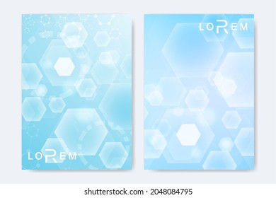 Minimal brochure templates, magazine, leaflet, flyer, cover, booklet, annual report, banner. Scientific concept for medical, technology, chemistry. Hexagonal molecule structure. Dna, atom, neurons.