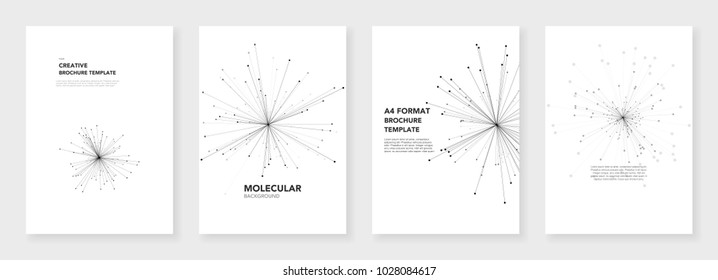 Minimale Broschüren-Vorlagen. Modellierungsmodelle auf weißem Hintergrund. Technologie-Science-Fiction oder medizinisches Konzept, abstraktes Vektordesign. Muster für Flyer, Faltblatt, Broschüre, Bericht, Präsentation, Werbung