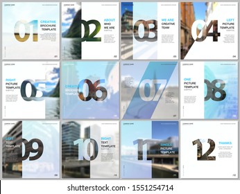 Minimal brochure templates with numbers. Easy to edit and customize. Covers design templates for square flyer, leaflet, brochure, report, presentation, advertising, magazine.