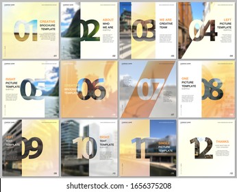 Minimal brochure templates with numbers. Easy to edit and customize. Covers design templates for square flyer, leaflet, brochure, report, presentation, advertising, magazine.