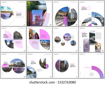 Minimal brochure templates with pink color circles, round shapes. Travel covers design templates for square flyer, leaflet, brochure, report, presentation, blog, advertising, magazine for blogging.