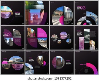 Minimal brochure templates with pink color circles, round shapes. Travel covers design templates for square flyer, leaflet, brochure, report, presentation, blog, advertising, magazine for blogging.