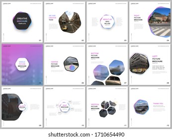 Minimal brochure templates with pink color hexagons, hexagonal shapes. Covers design templates for square flyer, leaflet, brochure, report, presentation, blog, social media advertising, online promo.