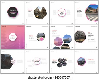 Minimal brochure templates with red color hexagons, hexagonal shapes. Covers design templates for square flyer, leaflet, brochure, report, presentation, blog, social media advertising, online promo.