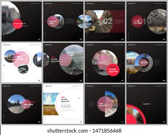 Minimal brochure templates with red color circles, round shapes. Covers design templates for square flyer, leaflet, education brochure, report, presentation, advertising, magazine, school project.