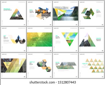 Minimal brochure templates with triangular design background, triangle style pattern. Covers design templates for square flyer, leaflet, brochure, report, presentation, advertising, magazine.