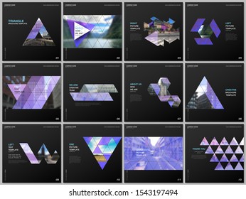 Minimal brochure templates with triangular design background, triangle style pattern. Covers design templates for square flyer, leaflet, brochure, report, presentation, advertising, magazine.