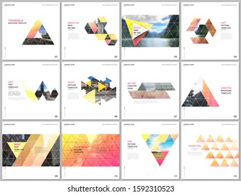 Minimal brochure templates with triangular design background, triangle style pattern. Covers design templates for square flyer, leaflet, brochure, report, presentation, advertising, magazine.