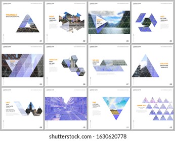 Minimal brochure templates with triangular design background, triangle style pattern. Covers design templates for square flyer, leaflet, brochure, report, presentation, advertising, magazine.