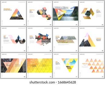 Minimal brochure templates with triangular design background, triangle style pattern. Covers design templates for square flyer, leaflet, brochure, report, presentation, advertising, magazine.