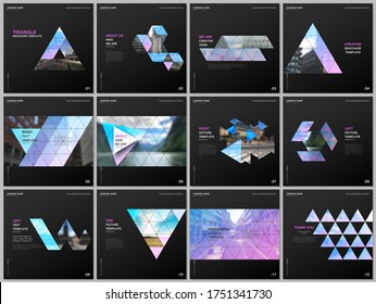 Minimale Broschüren mit dreieckigem Design-Hintergrund, Dreiecksmuster. Covers Design-Vorlagen für quadratische Flyer, Broschüren, Broschüren, Berichte, Präsentationen, Werbung, Magazine