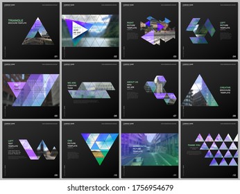 Minimal brochure templates with triangular design background, triangle style pattern. Covers design templates for square flyer, leaflet, brochure, report, presentation, advertising, magazine.