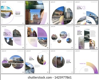 Minimal brochure templates with violet color circles, round shapes. Travel covers design templates for square flyer, leaflet, brochure, report, presentation, blog, advertising, magazine for blogging.