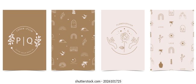 minimaler brauner Hintergrund mit Sonne, Hand, Blume
