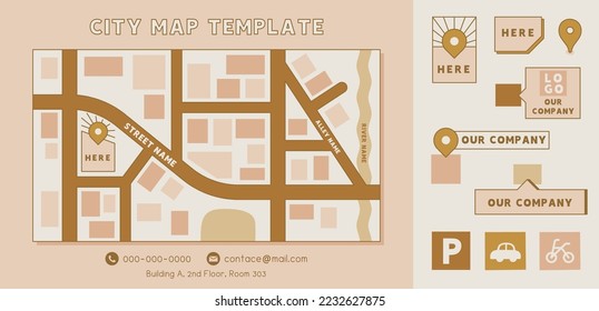 diseño de plantilla de mapa de ciudad marrón mínimo para vector de edición