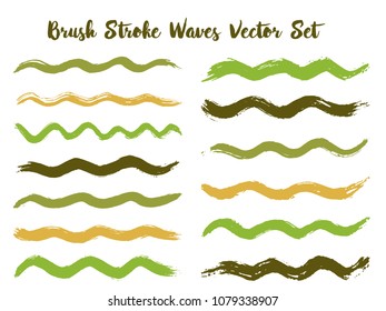 Minimal brush stroke waves vector set. Hand drawn green brushstrokes, ink splashes, watercolor splats, hand painted curls. Interior colors guide book swatches. Summer green design paint brush curves.