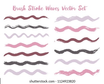 Minimal brush stroke waves vector set. Hand drawn pink grey brushstrokes, ink splashes, watercolor splats, hand painted curls. Interior colors scheme elements. Wavy stripes vector set.
