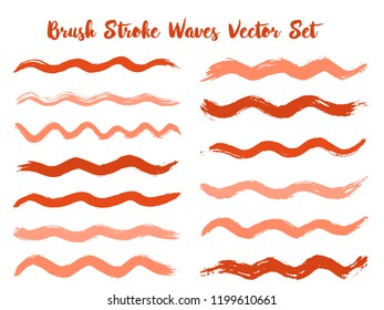 Minimal brush stroke waves vector set. Hand drawn red brushstrokes, ink splashes, watercolor splats, hand painted curls. Interior colors guide book swatches. Textured waves, stripes design.