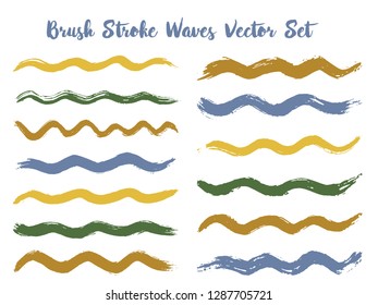 Minimal brush stroke waves vector set. Hand drawn green blue brown  brushstrokes, ink splashes, watercolor splats, hand painted curls. Vector ink color palette swatches. Wavy stripes vector set.