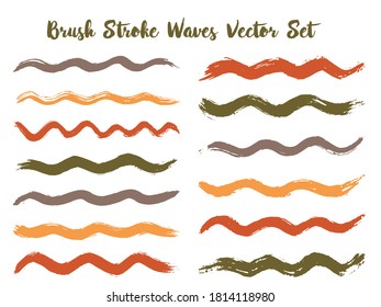 Minimal brush stroke waves vector set. Hand drawn green khaki  brushstrokes, ink splashes, watercolor splats, hand painted curls. Vector ink color palette swatches. Wavy stripes vector set.