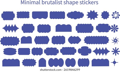 Minimal brutalist blue color shape stickers. Vector geometric star shaped icons. Circles and rectangles with wavy zigzag edges. Abstract minimalist flowers and stars. Retro groovy sun burst frames 