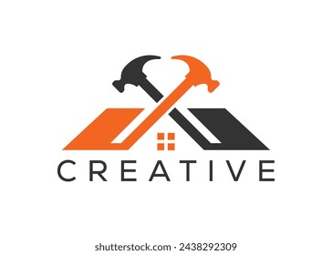 Minimal Building Construction logo vector template. Home and hammer logo