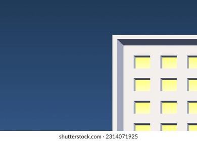 Minimal building night background. Vector apartment building with window lights on night blue sky gradient background with copy space.