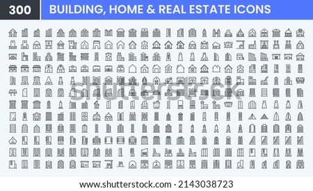 Minimal Building vector line icon set. Contains linear outline icons like Home, Real Estate, Hotel, Skyscraper, Residential, Hospital, Factory, Apartment, Shop, City. Editable use and stroke.