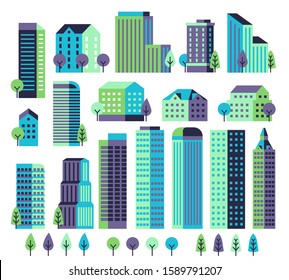 Minimal buildings. Buildings and skyscrapers, commercial offices for modern architectural landscape with trees. City vector geometric block constructor