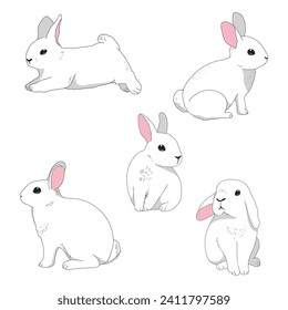 Minimal bunny line art doodle in different bunny rabbit poses vector illustration