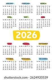 Calendário Comercial Mínimo 2026 Ano. A Semana Começa no Domingo. Calendário de 2026. Arte vetorial desenhada à mão. 